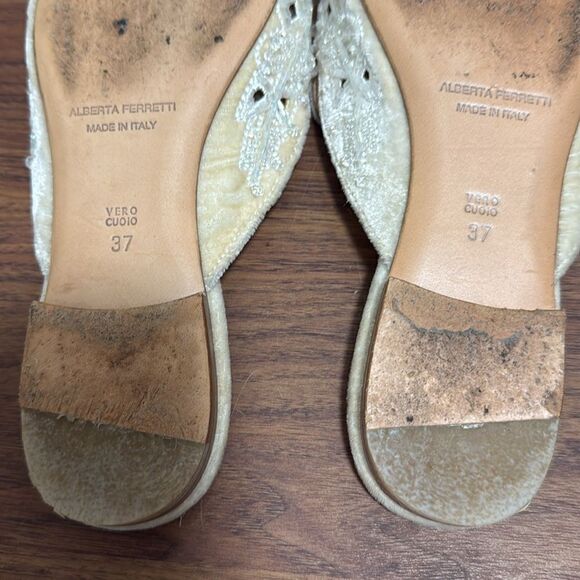 Alberta Ferretti Beige Velvet Flat Mules Embellished with Beads & Crystals. - Picture 8 of 10